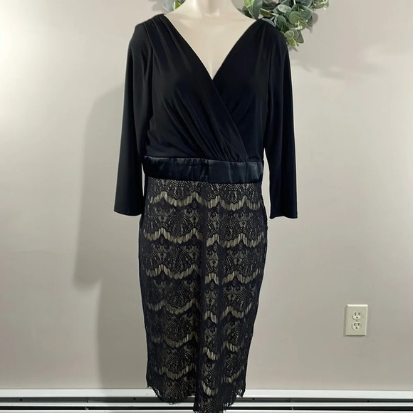 NWOT Evan Picone Black 3/4 Sleeve Wrap Top Lace Overlay Cocktail Dress 12 - Picture 1 of 16